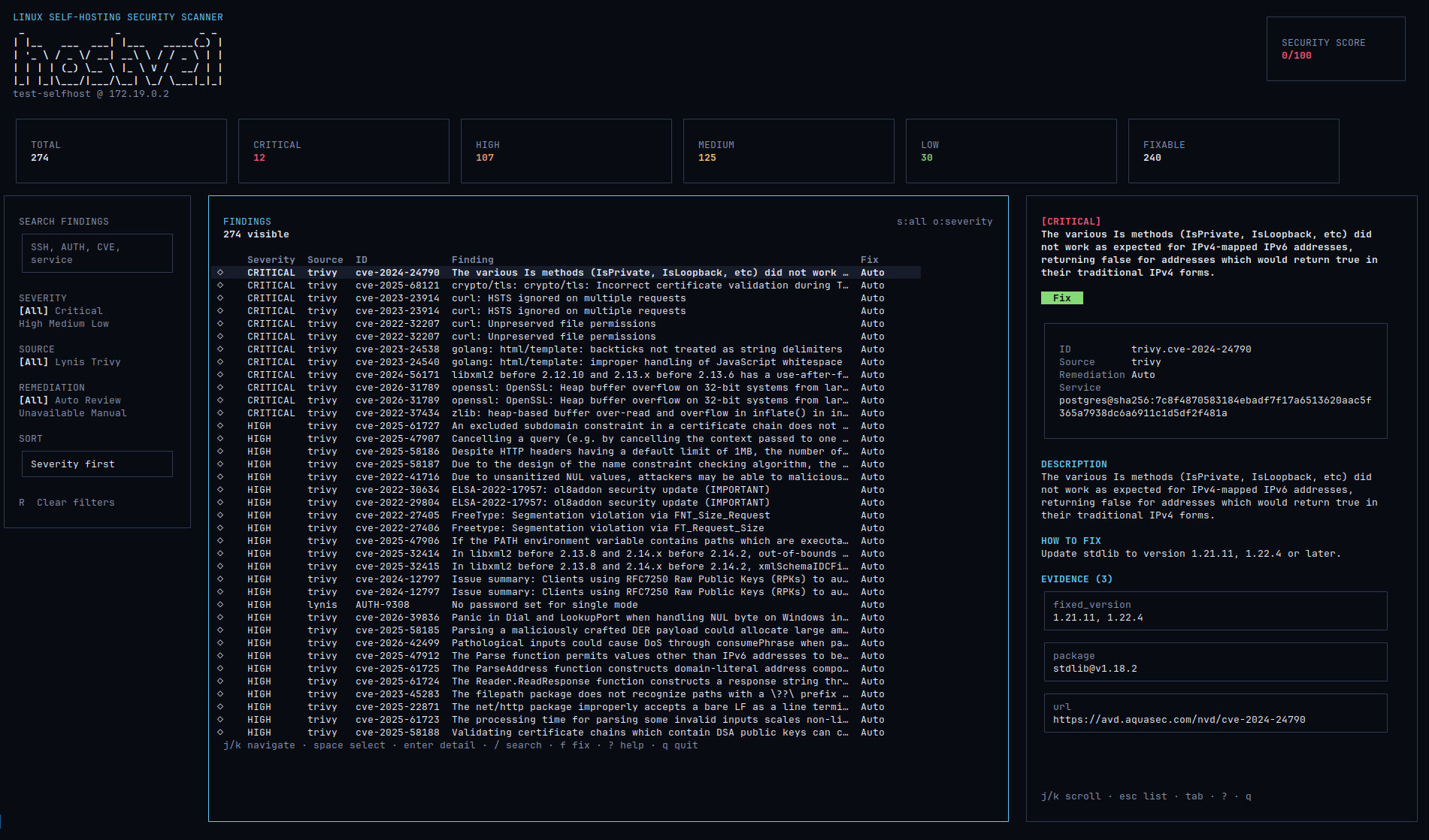 hostveil terminal UI showing score cards and findings table