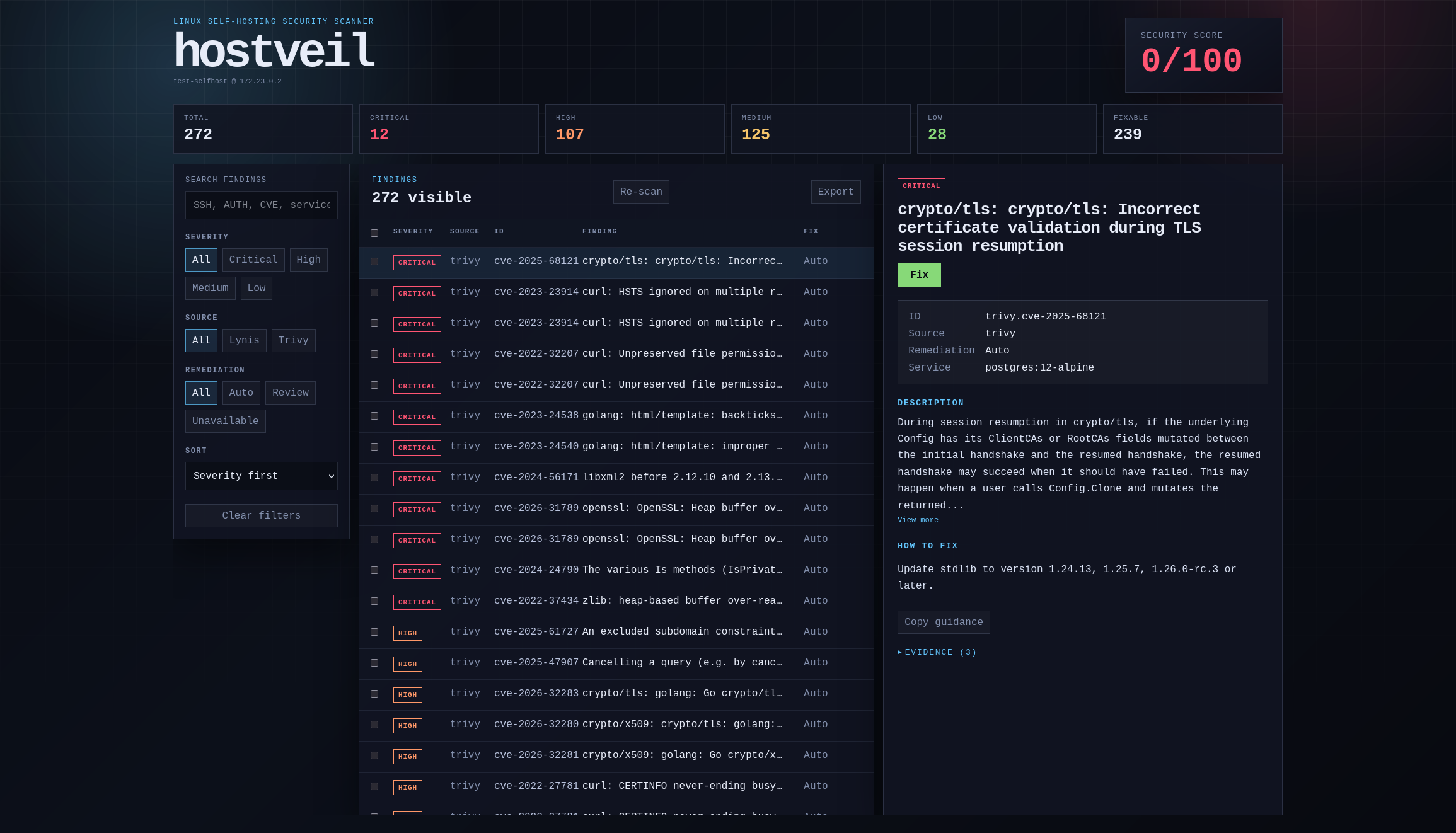 hostveil Web UI showing dashboard filters and detail panel